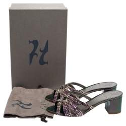 Pre Owned Gina Crystals Embellished Iridescent Leather Dexie Slide Sandals Size 38.5