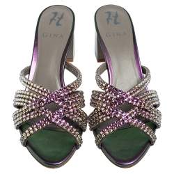 Pre Owned Gina Crystals Embellished Iridescent Leather Dexie Slide Sandals Size 38.5