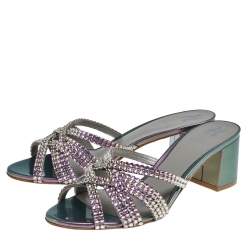 Pre Owned صندل سلايد جينا جلد متعدد الألوان لامع مزخرف كريستال مقاس 40