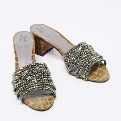 مملوكة مسبقًا صندل سلايد جينا جلد نقش تمساح لامع أخضر مقاس 38