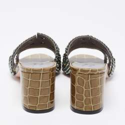 مملوكة مسبقًا صندل سلايد جينا جلد نقش تمساح لامع أخضر مقاس 38