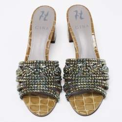 مملوكة مسبقًا صندل سلايد جينا جلد نقش تمساح لامع أخضر مقاس 38