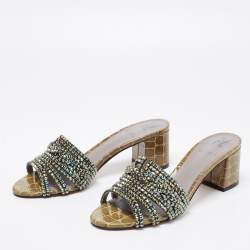 مملوكة مسبقًا صندل سلايد جينا جلد نقش تمساح لامع أخضر مقاس 38