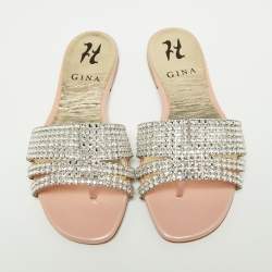 Pre Owned Gina Pink Patent Leather Crystals Embellished Flat Sandals Size 35 