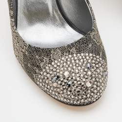 Pre Owned حذاء كعب عالي جينا دانتيل وسويدي فضي/أسود مزخرف كريستال مقاس 40