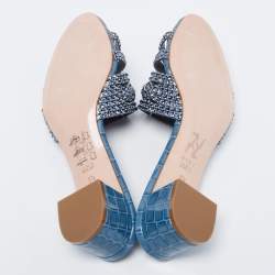 مملوكة مسبقًا صندل سلايد جينا لورين جلد أزرق مزخرف كريستال مقاس 38.5