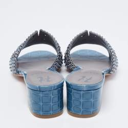 مملوكة مسبقًا صندل سلايد جينا لورين جلد أزرق مزخرف كريستال مقاس 38.5