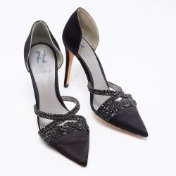 Pre Owned Gina Black Satin Crystal Embellished  D'Orsay Pointed Toe Pumps Size 37