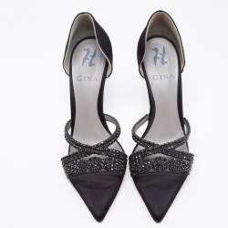 Pre Owned Gina Black Satin Crystal Embellished  D'Orsay Pointed Toe Pumps Size 37