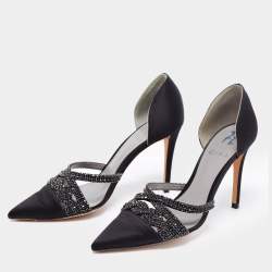 Pre Owned Gina Black Satin Crystal Embellished  D'Orsay Pointed Toe Pumps Size 37