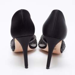 Pre Owned Gina Black Satin Crystal Embellished  D'Orsay Pointed Toe Pumps Size 37