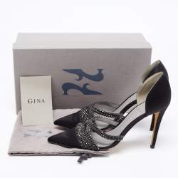 Pre Owned Gina Black Satin Crystal Embellished  D'Orsay Pointed Toe Pumps Size 37