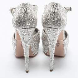 Gina Silver Satin Crystal Embellished Hester Peep Toe Ankle Strap Pumps Size 38