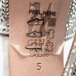 Gina Silver Satin Crystal Embellished Hester Peep Toe Ankle Strap Pumps Size 38