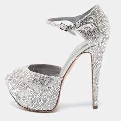 Gina Silver Satin Crystal Embellished Hester Peep Toe Ankle Strap Pumps Size 38