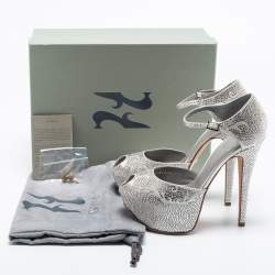 Gina Silver Satin Crystal Embellished Hester Peep Toe Ankle Strap Pumps Size 38