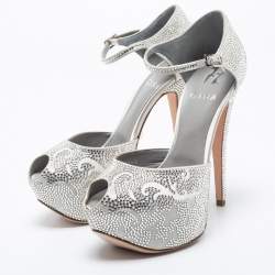 Gina Silver Satin Crystal Embellished Hester Peep Toe Ankle Strap Pumps Size 38