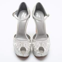 Gina Silver Satin Crystal Embellished Hester Peep Toe Ankle Strap Pumps Size 38