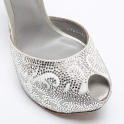 Gina Silver Satin Crystal Embellished Hester Peep Toe Ankle Strap Pumps Size 38