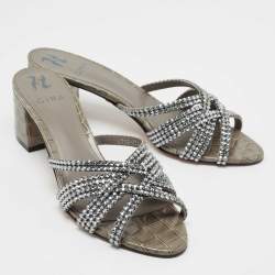 مملوكة مسبقًا Gina Grey Crystal Embellished Patent Croc Embossed Leather Slide Sandals Size 42