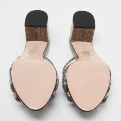 مملوكة مسبقًا Gina Grey Crystal Embellished Patent Croc Embossed Leather Slide Sandals Size 42