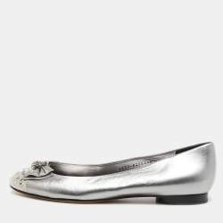 Pre Owned Gina Metallic Two Tone Leather and Satin Crystal Embellished Cap Toe Bow Ballet Flats Size 39.5