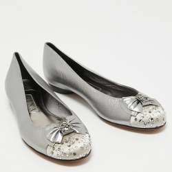 Pre Owned Gina Metallic Two Tone Leather and Satin Crystal Embellished Cap Toe Bow Ballet Flats Size 39.5