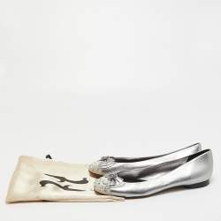 Pre Owned Gina Metallic Two Tone Leather and Satin Crystal Embellished Cap Toe Bow Ballet Flats Size 39.5
