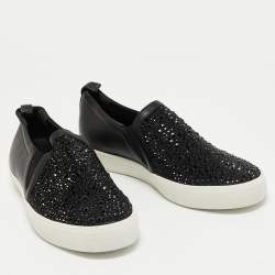 Pre Owned Gina Black Leather and Crystal Low Top Sneakers Size 41