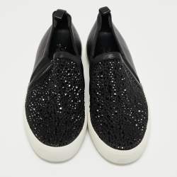 Pre Owned Gina Black Leather and Crystal Low Top Sneakers Size 41