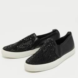 Pre Owned Gina Black Leather and Crystal Low Top Sneakers Size 41