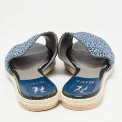 Pre Owned Gina Blue Satin Crystal Embellished Espadrille Flat Slides Size 40 