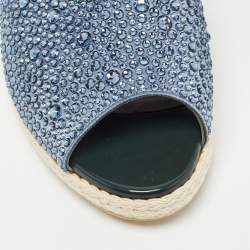 Pre Owned Gina Blue Satin Crystal Embellished Espadrille Flat Slides Size 40 