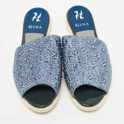 Pre Owned Gina Blue Satin Crystal Embellished Espadrille Flat Slides Size 40 