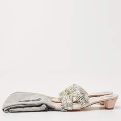 Pre Owned Gina Pink/Silver Patent Leather Crystal Embellished Slides Size 39