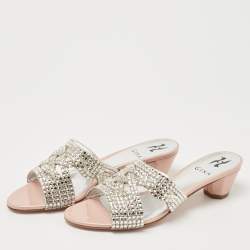 Pre Owned Gina Pink/Silver Patent Leather Crystal Embellished Slides Size 39