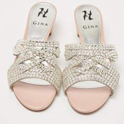 Pre Owned Gina Pink/Silver Patent Leather Crystal Embellished Slides Size 39