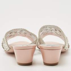 Pre Owned Gina Pink/Silver Patent Leather Crystal Embellished Slides Size 39