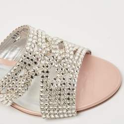 Pre Owned Gina Pink/Silver Patent Leather Crystal Embellished Slides Size 39