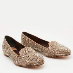 Pre Owned Gina Brown Crystal Embellished Satin and Leather Smoking Slippers Size 38.5