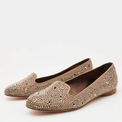 Pre Owned Gina Brown Crystal Embellished Satin and Leather Smoking Slippers Size 38.5