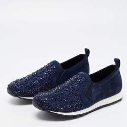 Pre Owned Gina Blue Suede Crystal Embellished Slip On Sneakers Size 39