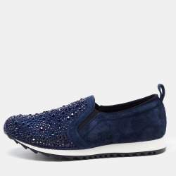 Pre Owned Gina Blue Suede Crystal Embellished Slip On Sneakers Size 39