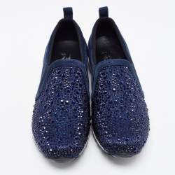 Pre Owned Gina Blue Suede Crystal Embellished Slip On Sneakers Size 39