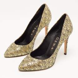 Pre Owned Gina Metallic Gold/Silver Glitter Lace Pointed Toe Pumps Size 38.5