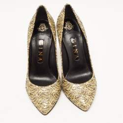 Pre Owned Gina Metallic Gold/Silver Glitter Lace Pointed Toe Pumps Size 38.5