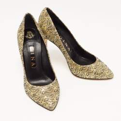 Pre Owned Gina Metallic Gold/Silver Glitter Lace Pointed Toe Pumps Size 38.5