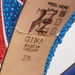 Pre Owned Gina Blue Crystal Embellished Satin Union Jack Slingback Sandals Size 36.5