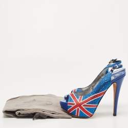 Pre Owned Gina Blue Crystal Embellished Satin Union Jack Slingback Sandals Size 36.5