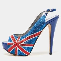 Pre Owned Gina Blue Crystal Embellished Satin Union Jack Slingback Sandals Size 36.5